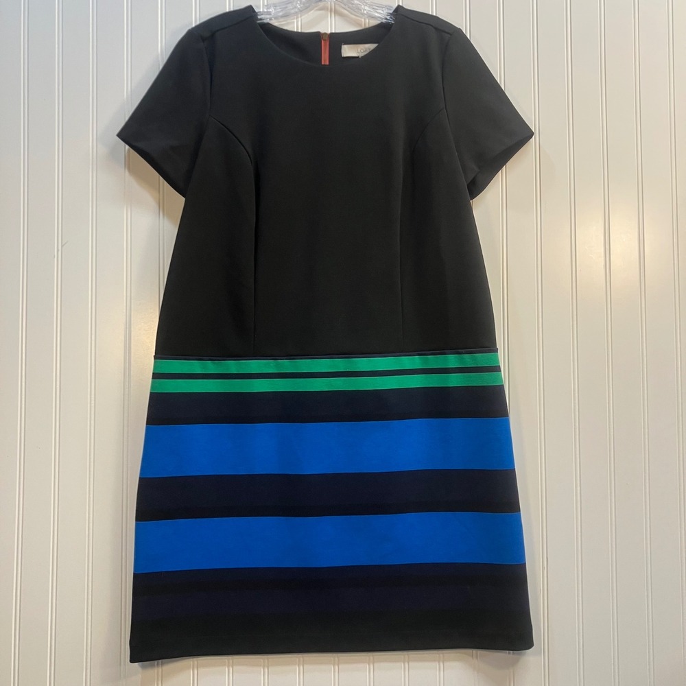 Ann Taylor LOFT Black Striped Short Sleeve Shift Dress Size 12 Pink Bow Back Zip